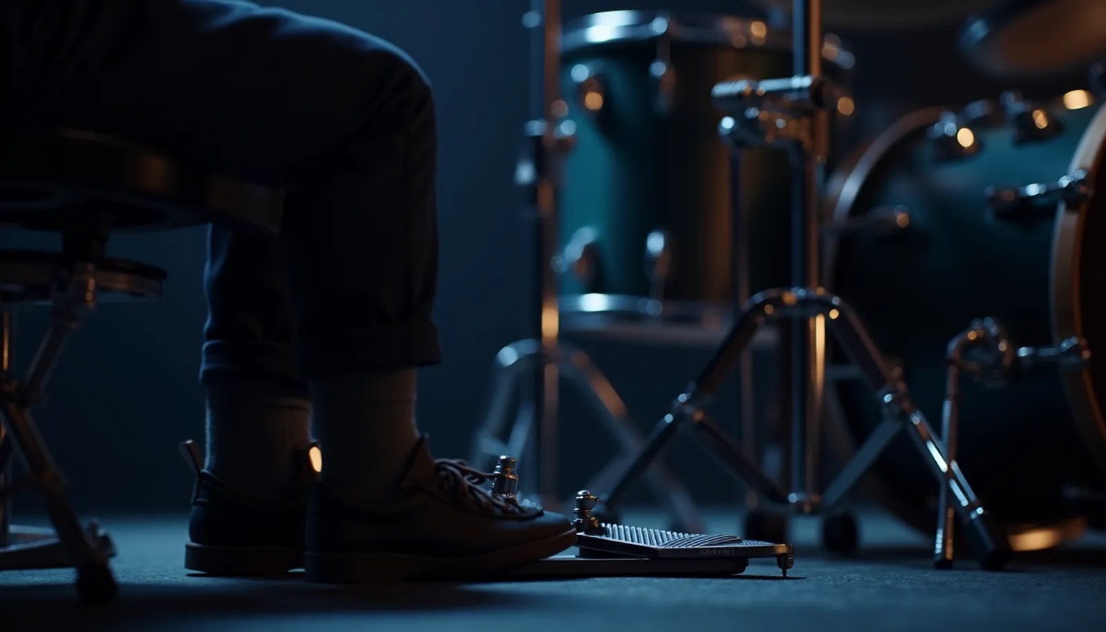 Füße eines Schlagzeugers an HiHat- und Bassdrum-Pedal, Symbolbild für Schlagzeug Koordination zwischen Händen und Füßen