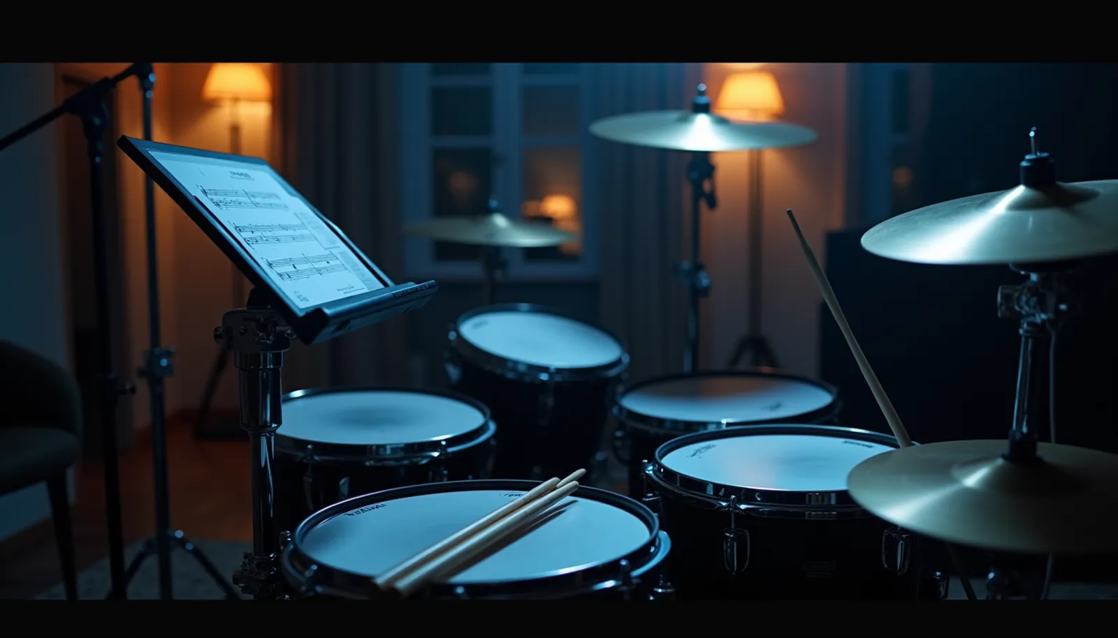 Schlagzeug mit Notenständer im Übungsraum aus Sicht des Drummers, Symbolbild für Schlagzeug lernen mit 50