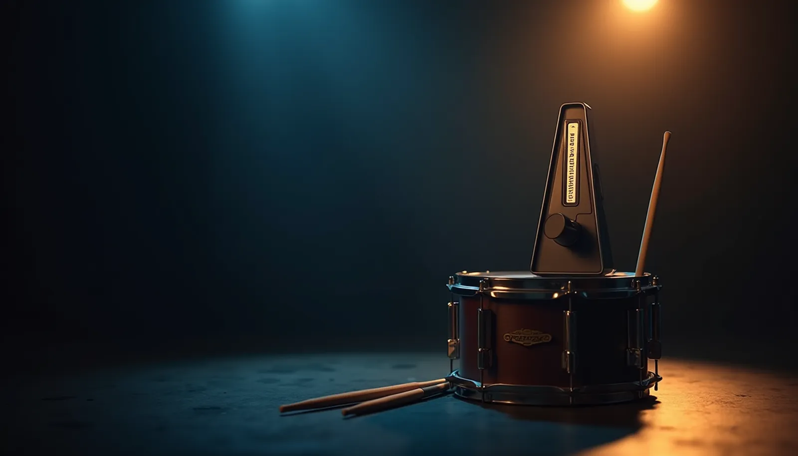 Metronom neben einer Snare auf dem Drumriser, Symbolbild für Schlagzeug spielen mit Metronom