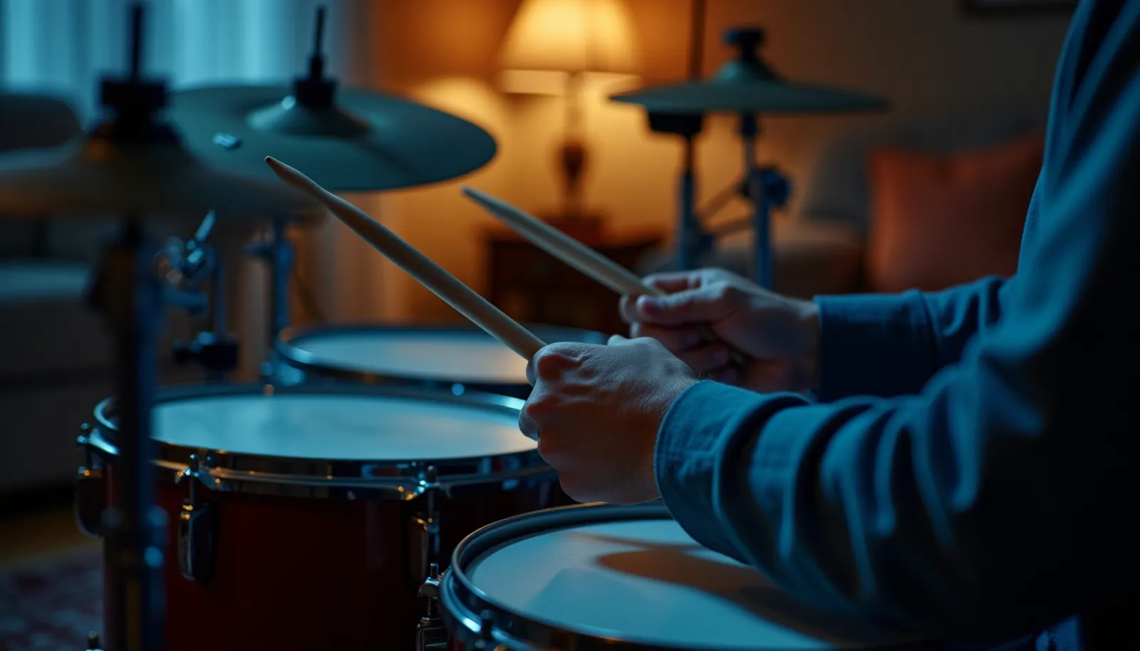 Hände eines erwachsenen Hobby-Drummers mit Sticks über der Snare im Wohnzimmer, Symbolbild für Schlagzeugunterricht für Erwachsene