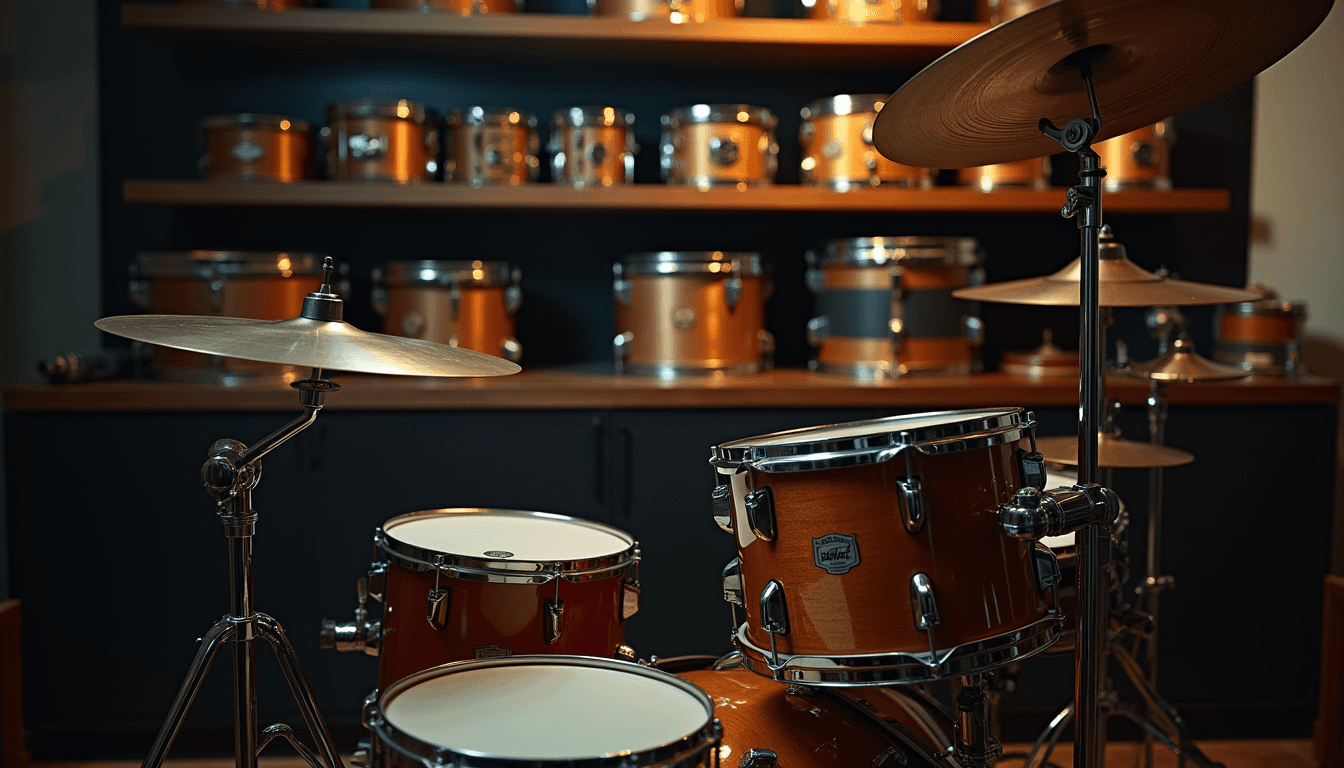 Vintage Schlagzeug und Snare-Sammlung in einem Studio als Symbol für Leidenschaft und Motivation am Schlagzeug